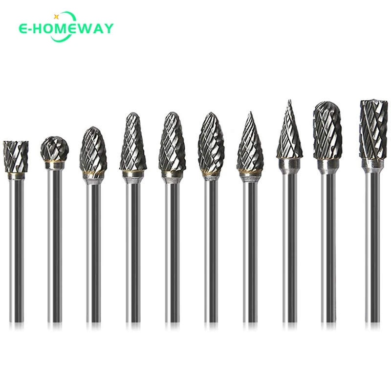 

10pcs 3mm 1/8'' Shank Tungsten Carbide Milling Cutter Rotary Burr Set Drill Bits Double Diamond Metal Grinding Woodworking