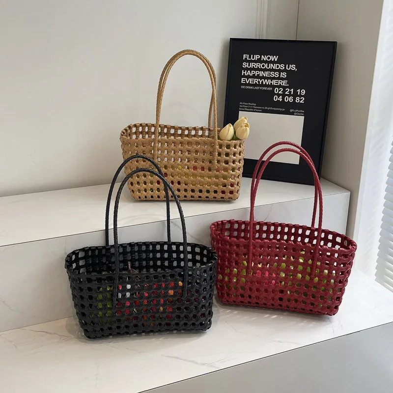 LEFTSIDE Small Solid Color Weave Tote Bags for Women 2024 Fashion Summer Shoulder Bags Simple Handbags Hollow Out Beach Bag