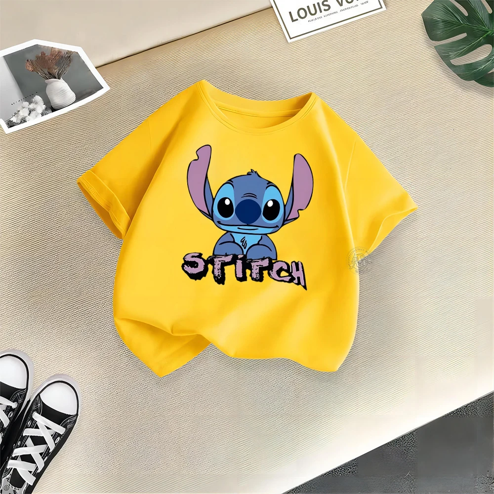 Disney Kids Street Style 100% Cotton T-shirt Stitch Stitch Alphabet Print Teen Comfortable Cotton T-shirt Boys Girls Casual top