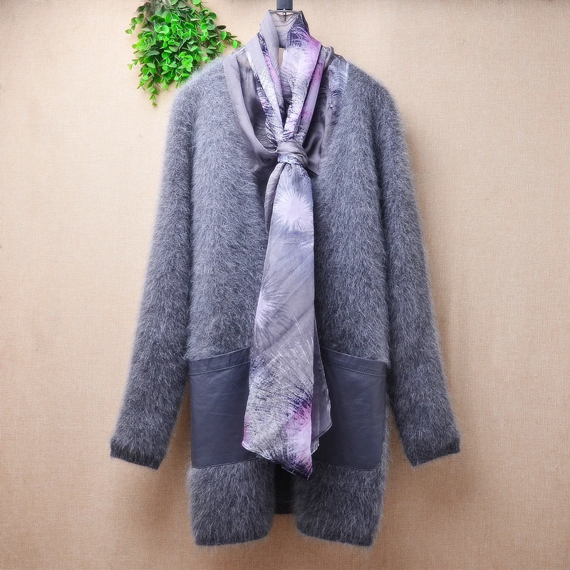 

Ladies Women Fall Winter Clothing Gray Hairy Mink Cashmere Knitted Fashion Scarf Neck Loose Cardigans Mantle Angora Sweater Coat