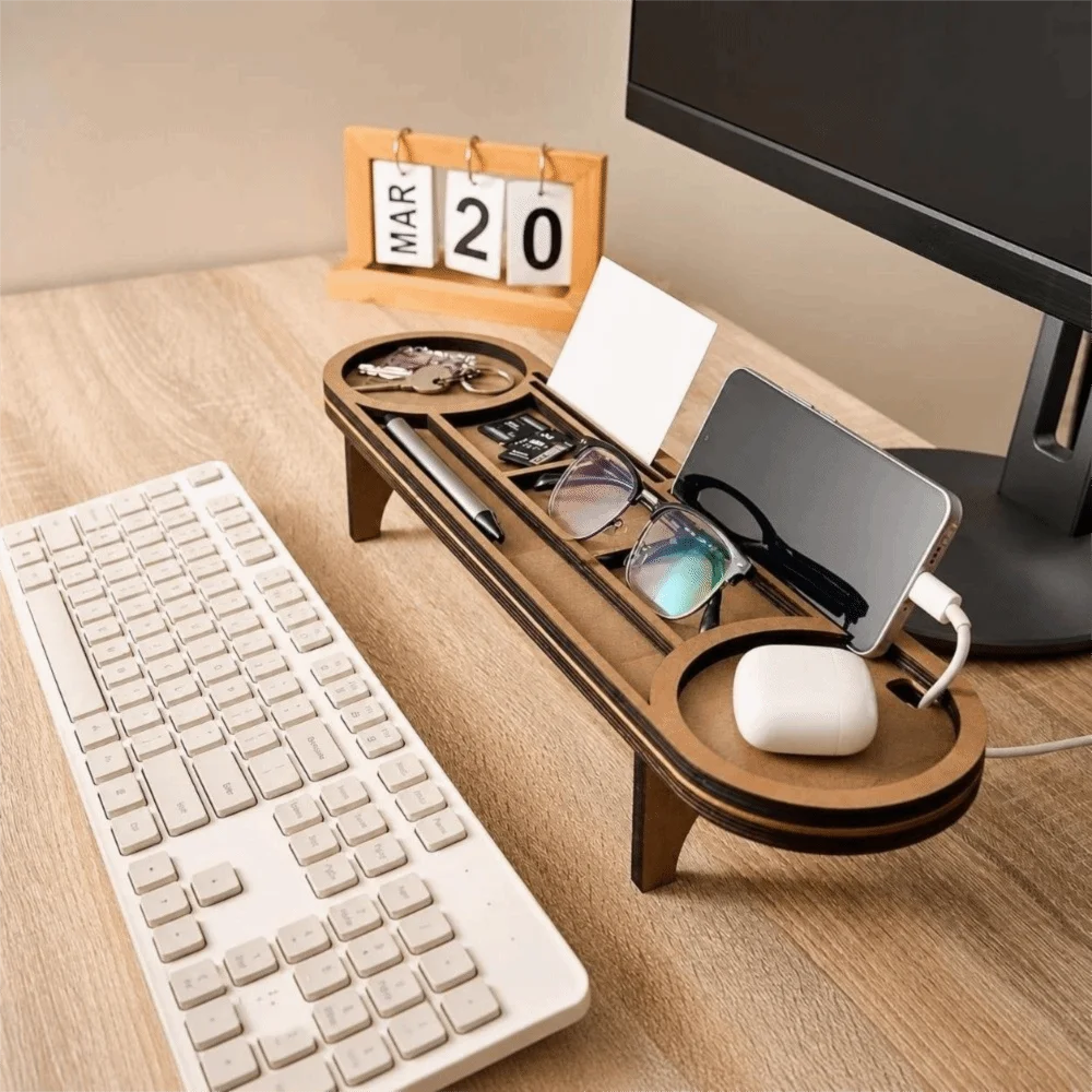Brown Wooden Desk Organizer Wood Multi-Compartment Desk Storage Rack Pen Slot Cup Holder Desktop Sundries Organizer
