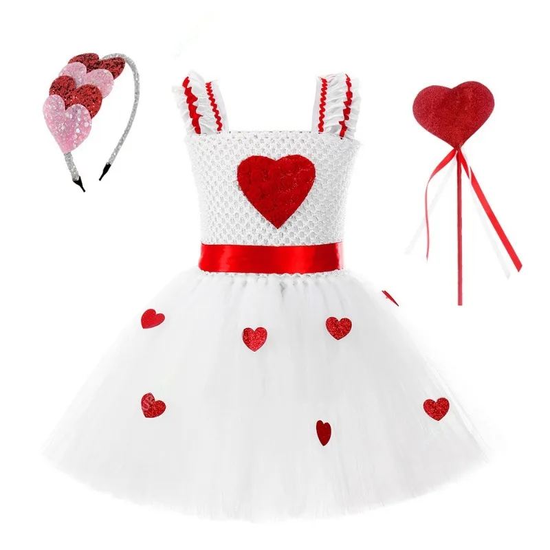 Valentine's Day Princess Dresses for Girls Sweet Hearts Ballet Tutus Costumes for Kids Birthday Party Outfit with Hair Bow Wand