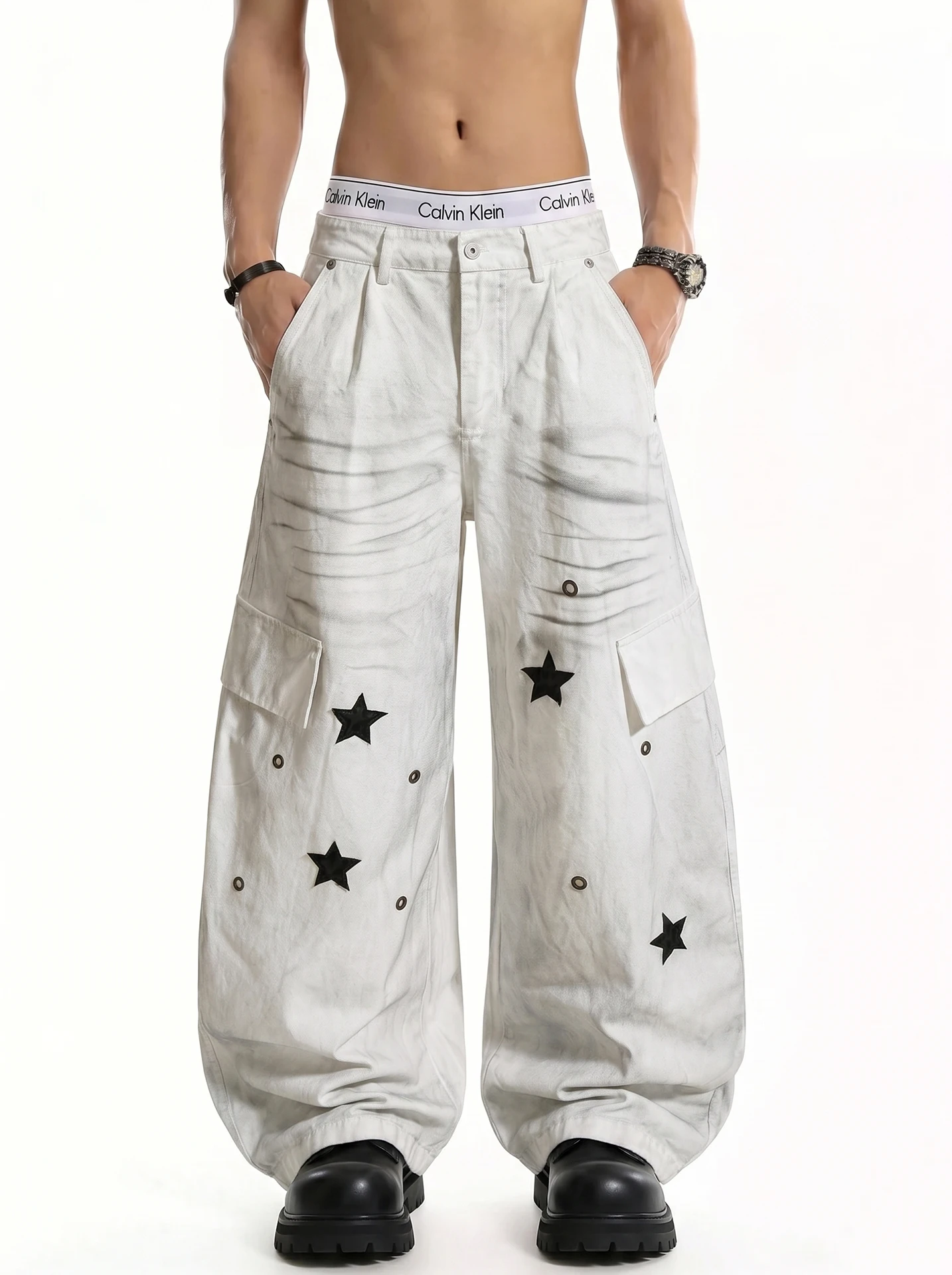 

Retro Print Distressed Wide Leg Loose Fit Men's Jeans American High Street Style Casual Loose Straight Tube Jeans