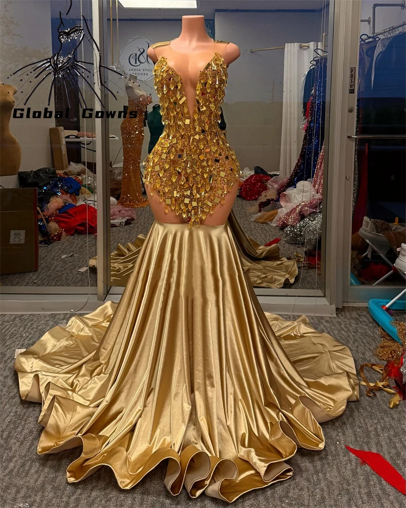 

Golden Long Prom Dress 2025 For Black girls Rhinestone Birthday Party Dress Beaded Crystal Evening Gown Formal Customized