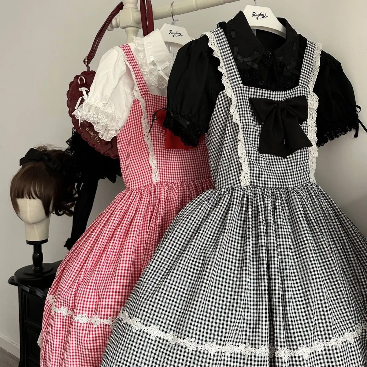 MAGOGO Victorian Vintage Lolita JSK Dress Women Kawaii Sleeveless Plaid Strap Dresses Sweet Bow Lace Princess Miad Dress Vestido