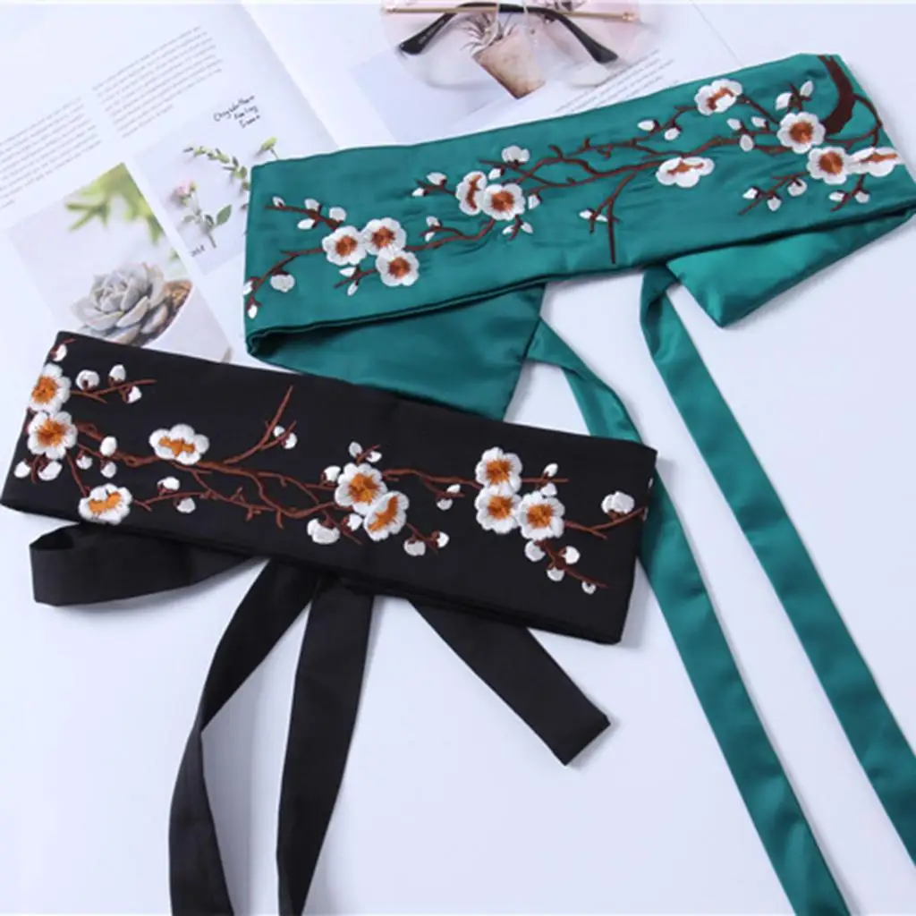Women Wide Waistband Silk Embroidered Corset Floral Obi Belt Fashion Waist Sash for Skirt Dress Event