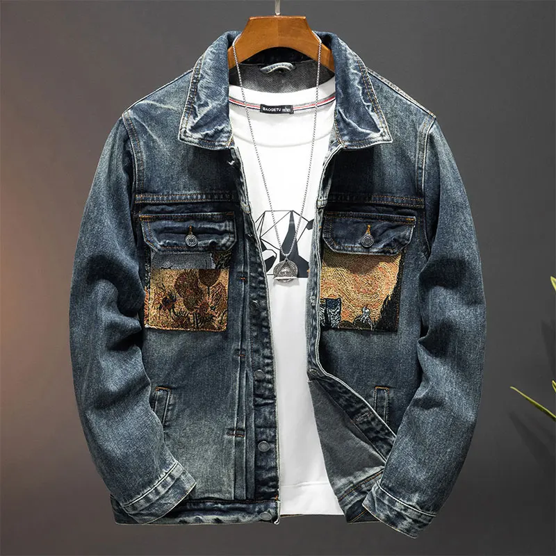 

Casual denim jacket, men's fashionable printed pocket, high street brand, retro trend, handsome and loose fitting oversized men'