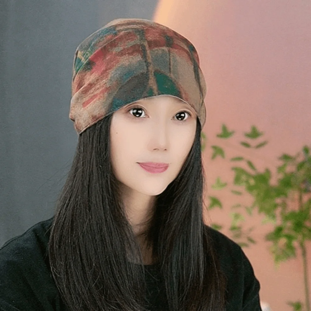 Casual Oil Painting Style Beanie Cap Double-sided Slouchy Hat Keep Warm Cold-proof Ear Protection Hat Winter