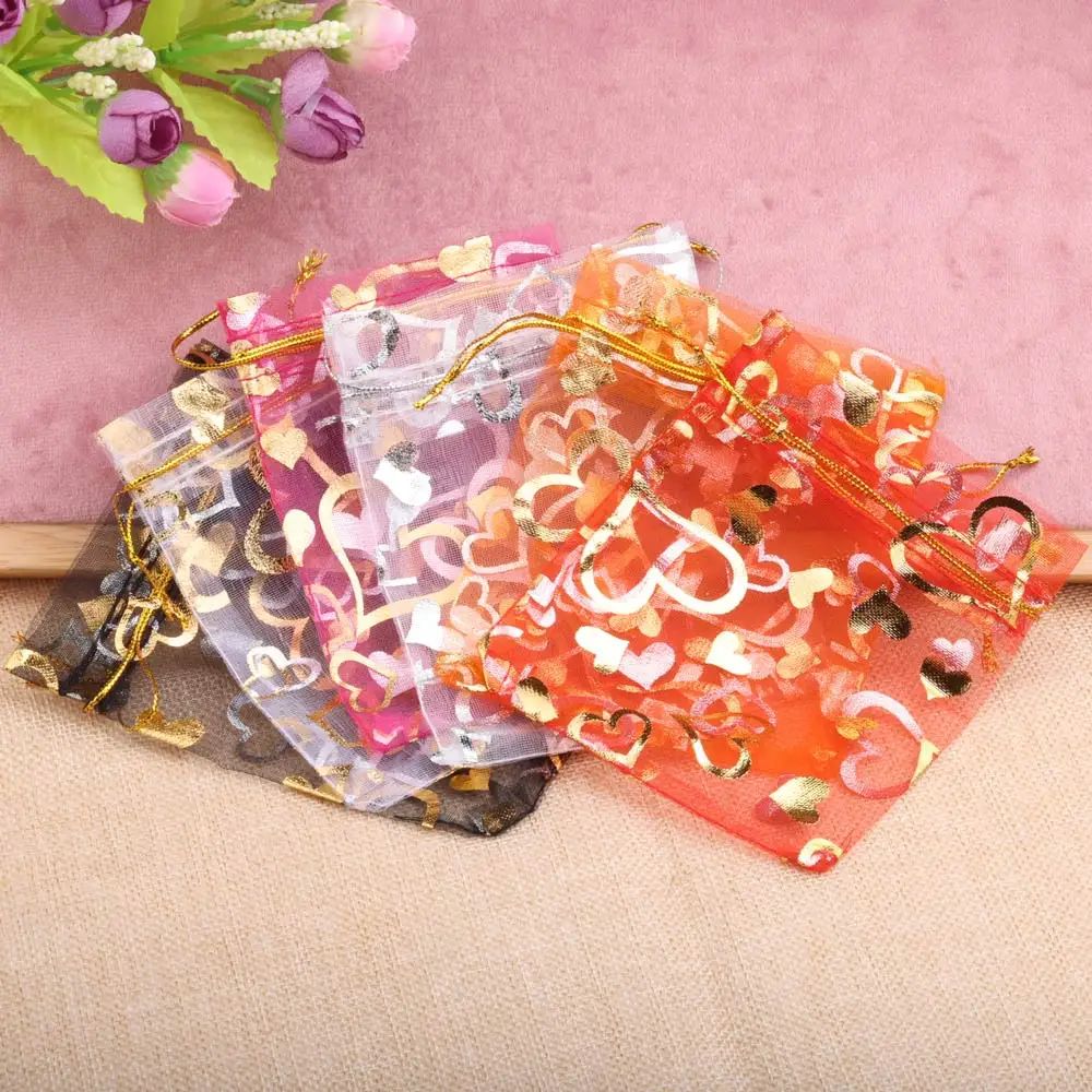 50pcs 7x9cm Gold Color Heart Organza Bags Wedding Party Christmas Drawable Packaging Display Bag Candy Jewelry Gift Pouches