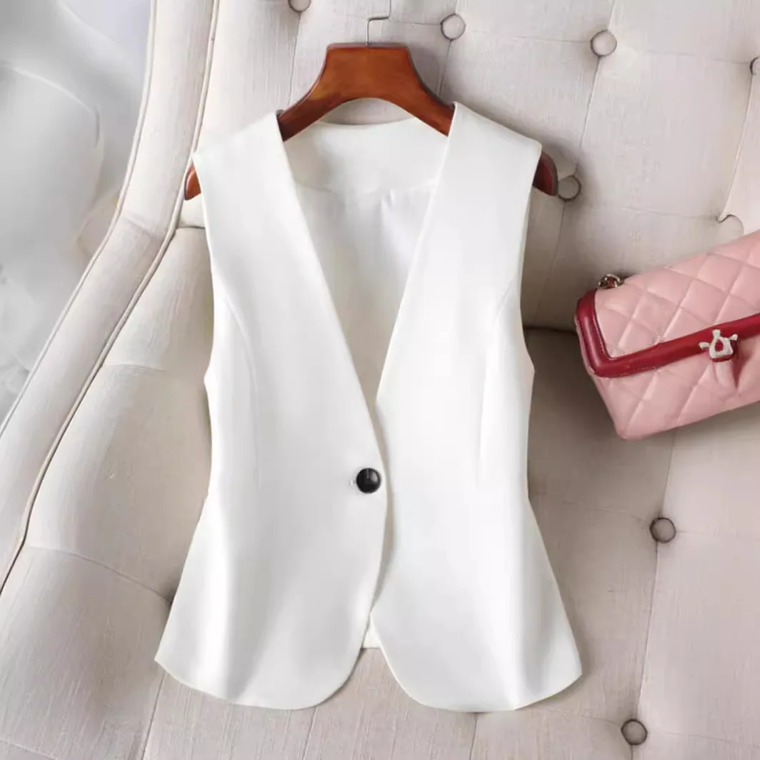 #0730 Black White Blazer Vest Coat Women V-neck Slim Office Short Vest Female Single Button Elegant Short Sleeveless Coat Spring