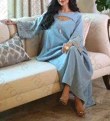 Customized Evening Dresses Off The Shoulder Beadeds Blue Prom Dress Long Sleeves Ankle Length Formal Occasion Party Gown Women
