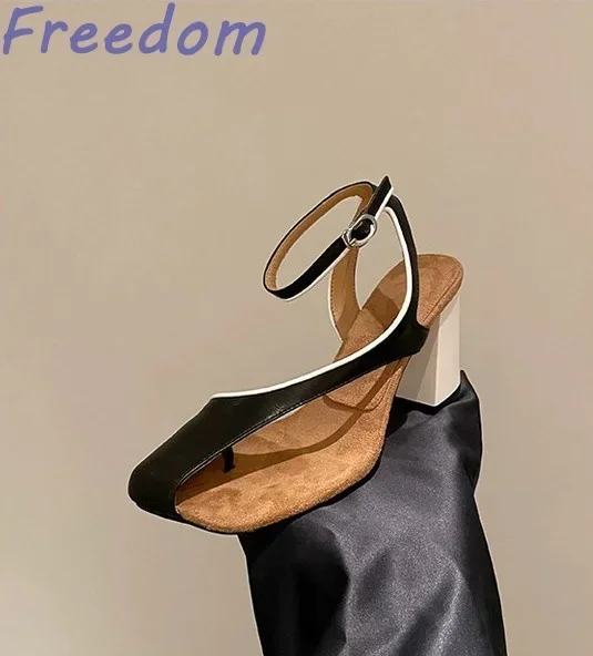 

Летние женские сандалии из искусственной кожи с открытым носком, модная обувь большого размера на массивном высоком каблуке с пряжкой и ремешком