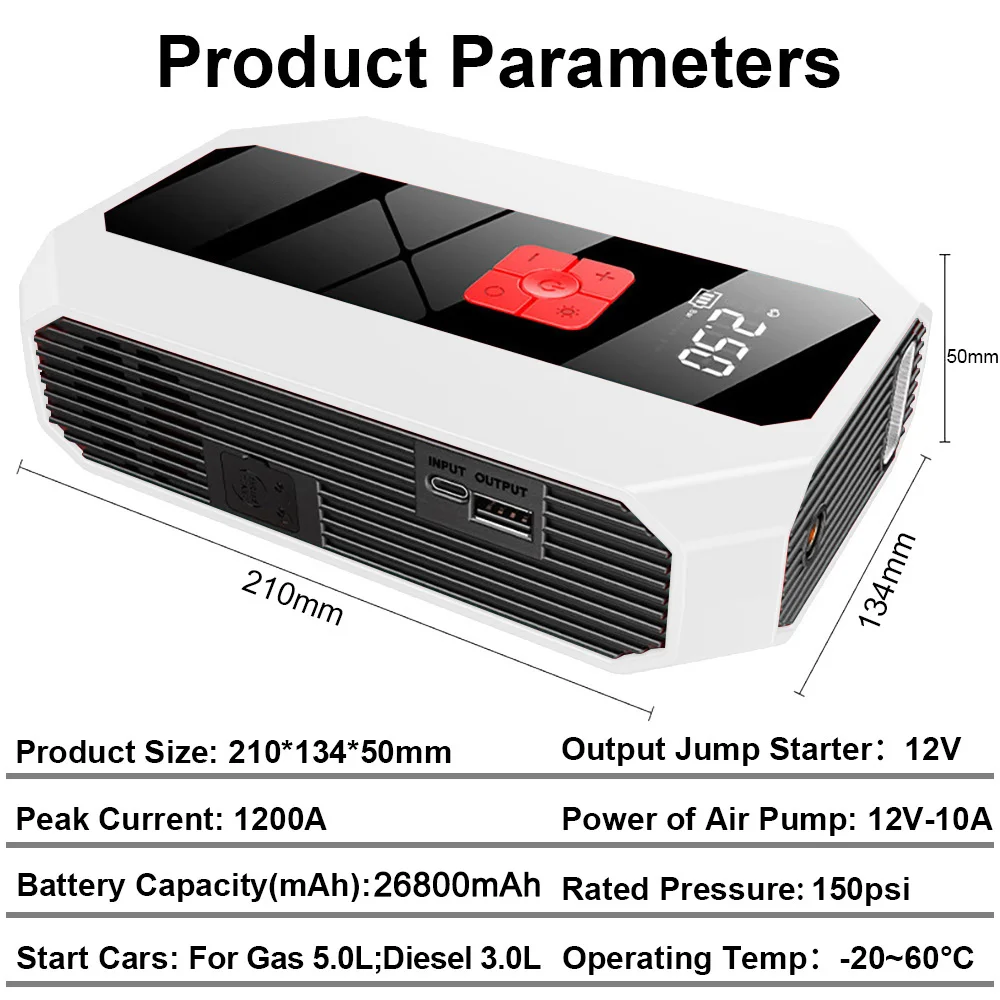 Démarreur de voiture pour diabétique avec compresseur d\'air, batterie externe portable, dispositif de démarrage, booster de chargeur de batterie