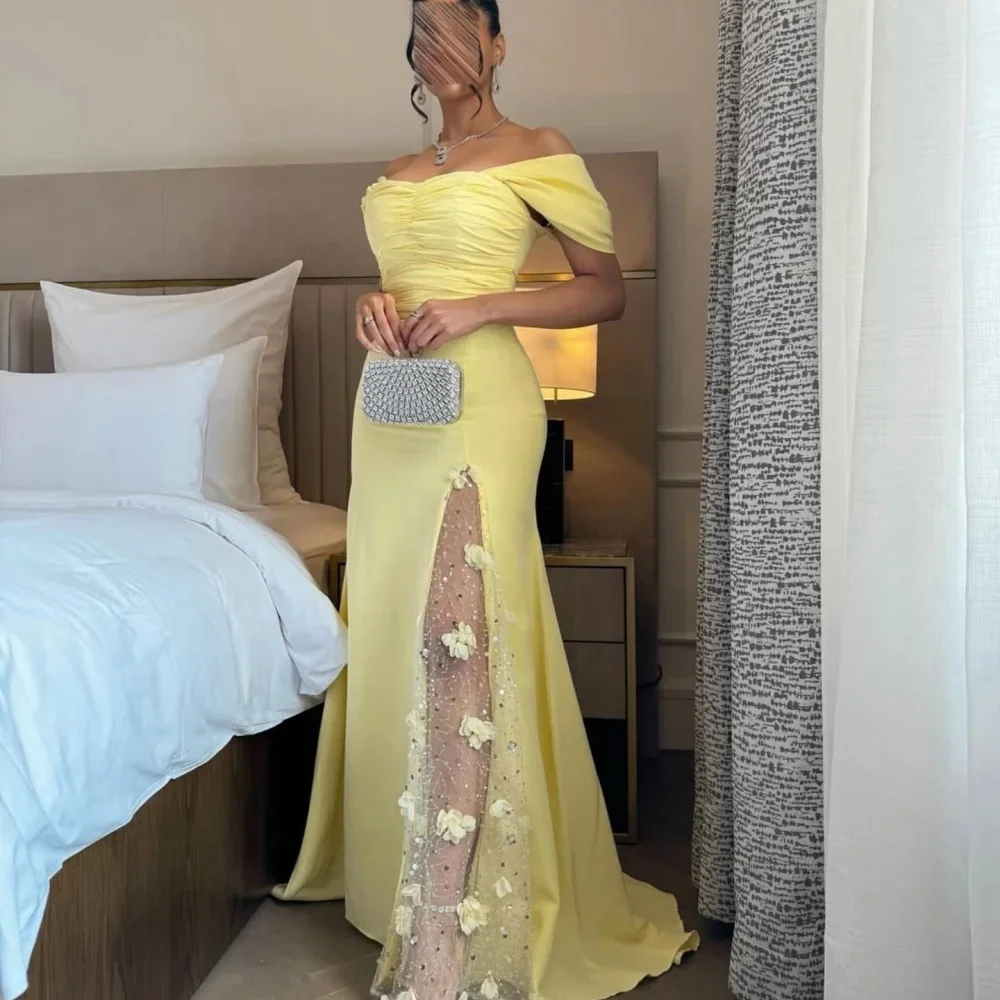 Personalizado até o chão vestidos de baile 2025 amarelo glitter 3d flores fenda lateral fora do ombro vestidos de festa robes de soirée