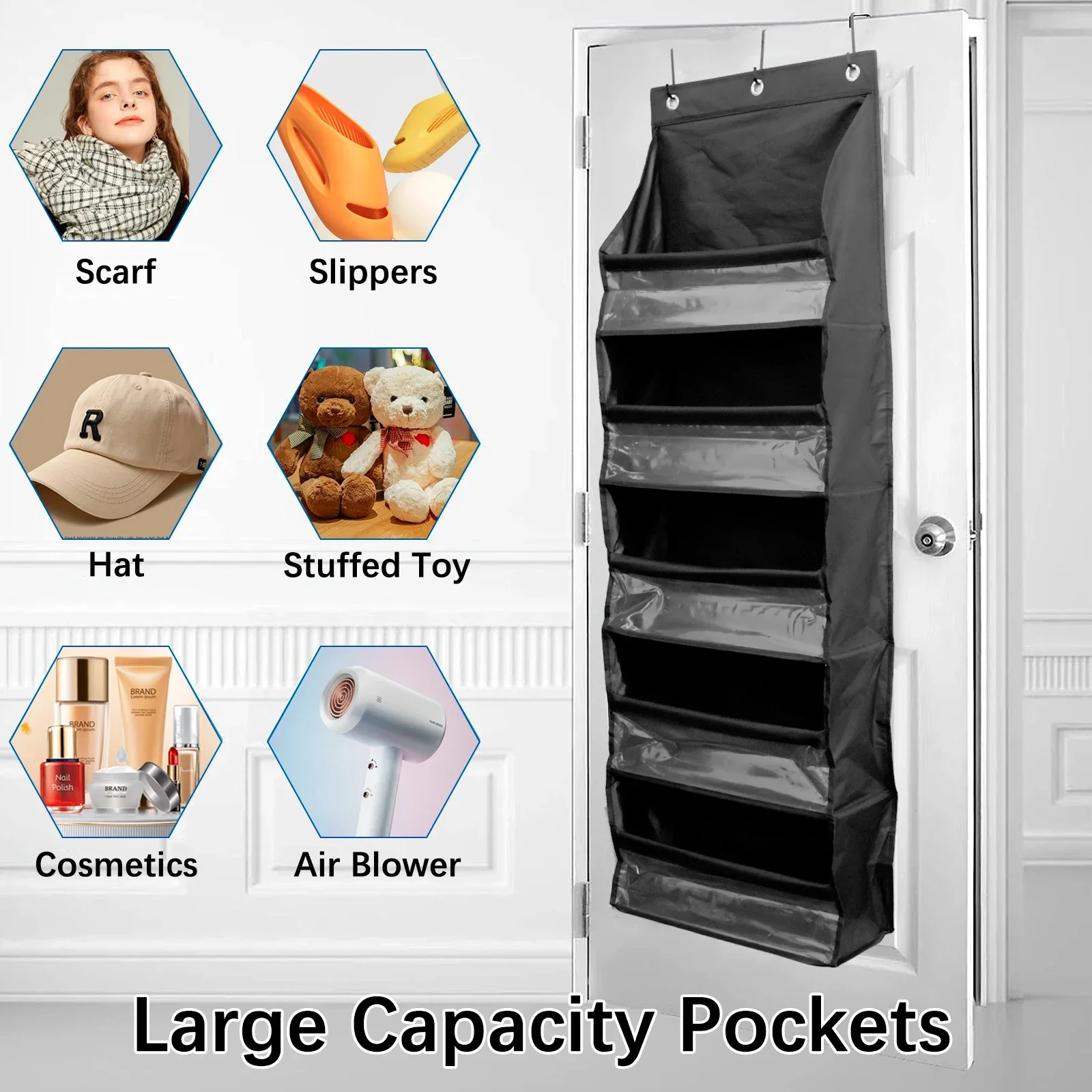 New5-Shelf Over The Door Hanging Organizer with 3 Metal Hooks Large Capacity Door Storage Organizer with Clear Window Space