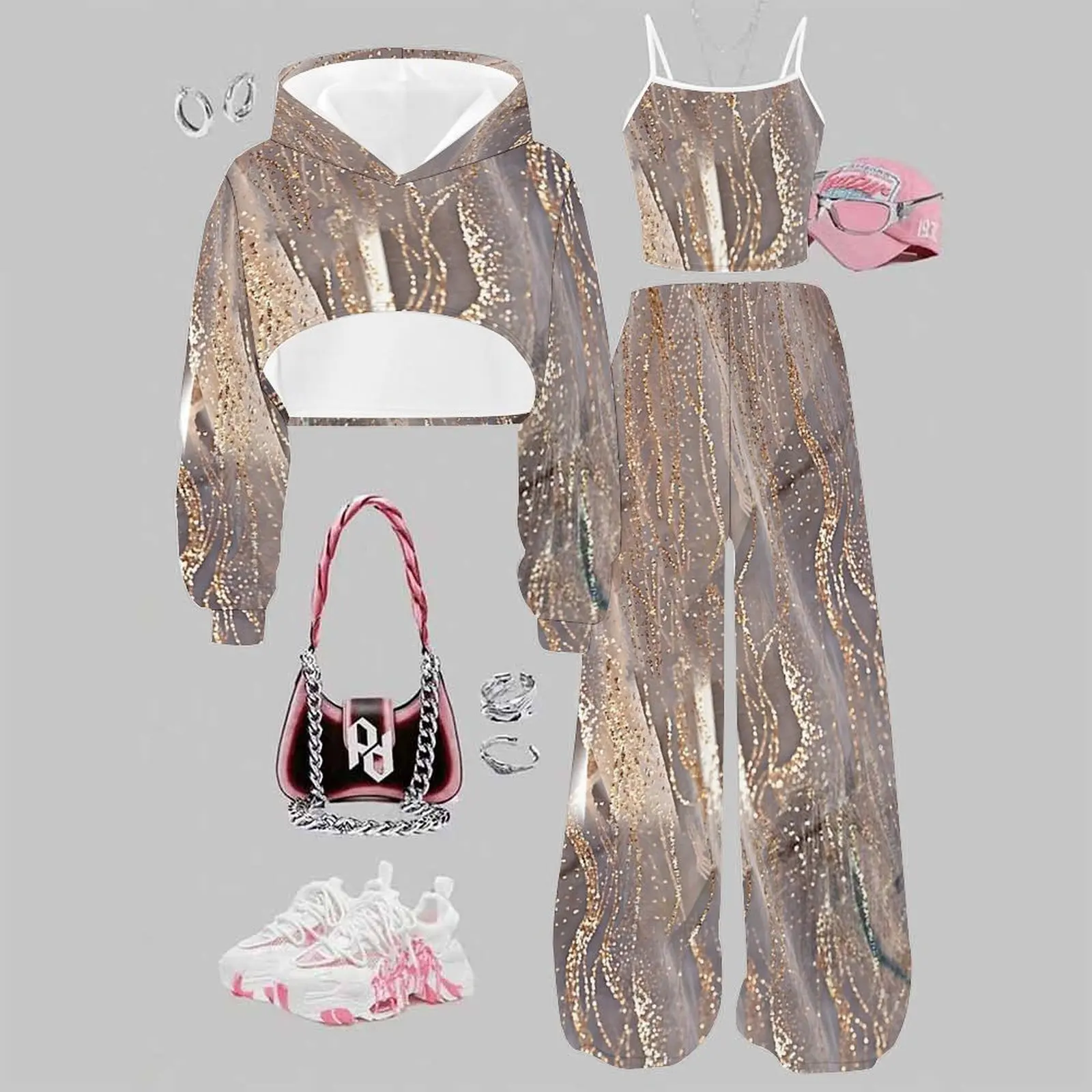 Girls Adorable Print Three-piece Soft Skin-friendly Breathable Hoodie Retro Fashion vest Daily  Beach Vacation Sweatpants