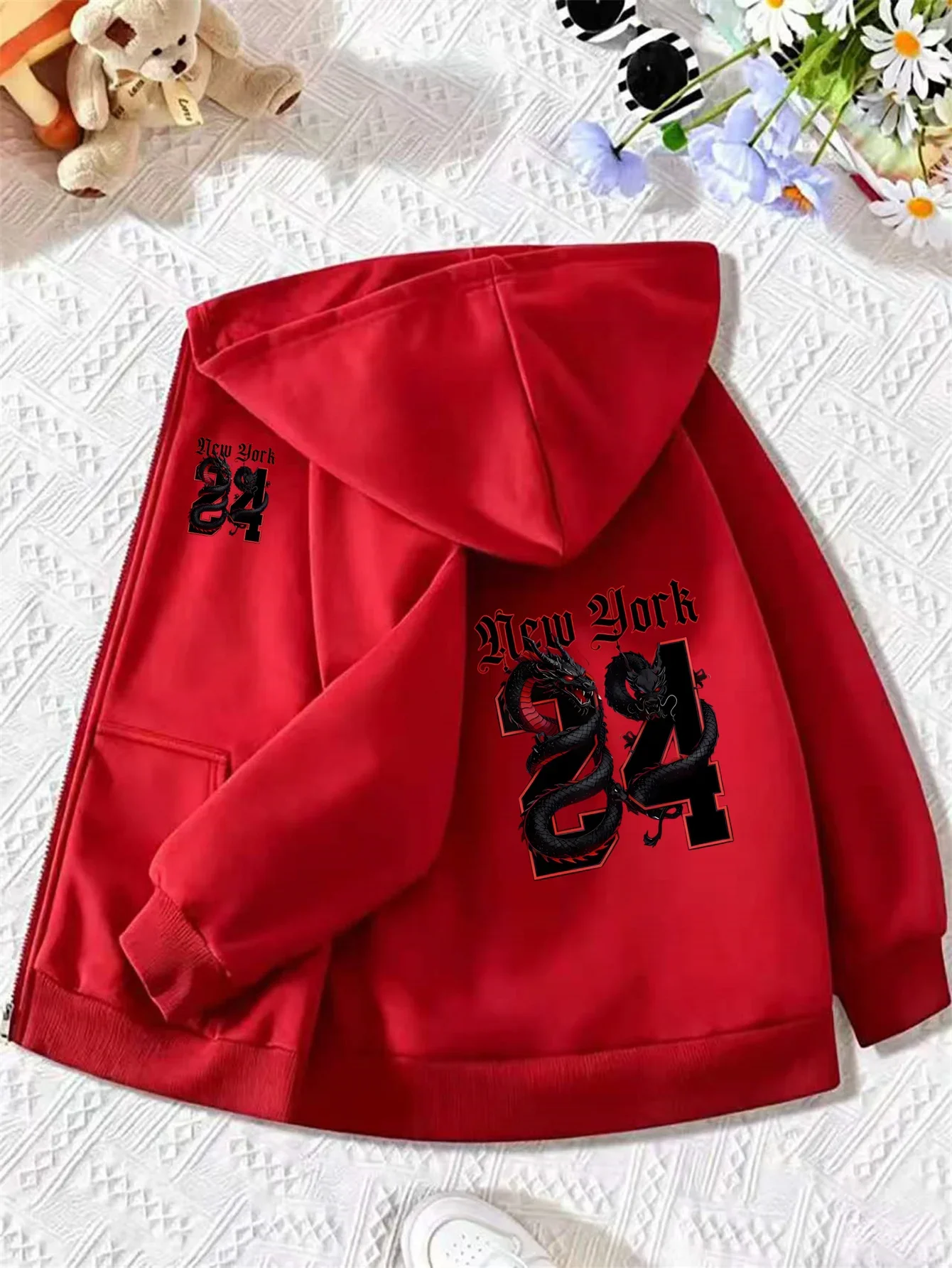 Kids Zip Hoodie New York 24 Black Dragon Gothic Letter Graphic Print Long Sleeve Loose Hooded Jacket Boys Street Outerwear