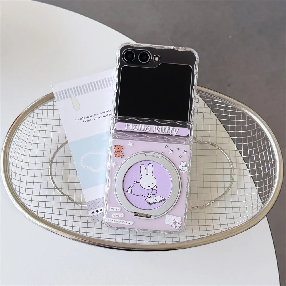 Cute Miffy Rabbit Mirror Magnetic Clear Phone Case For Samsung Galaxy Z Flip 8 7 6 5 Kawaii Wave Edge Hard Cover With Pink Chain