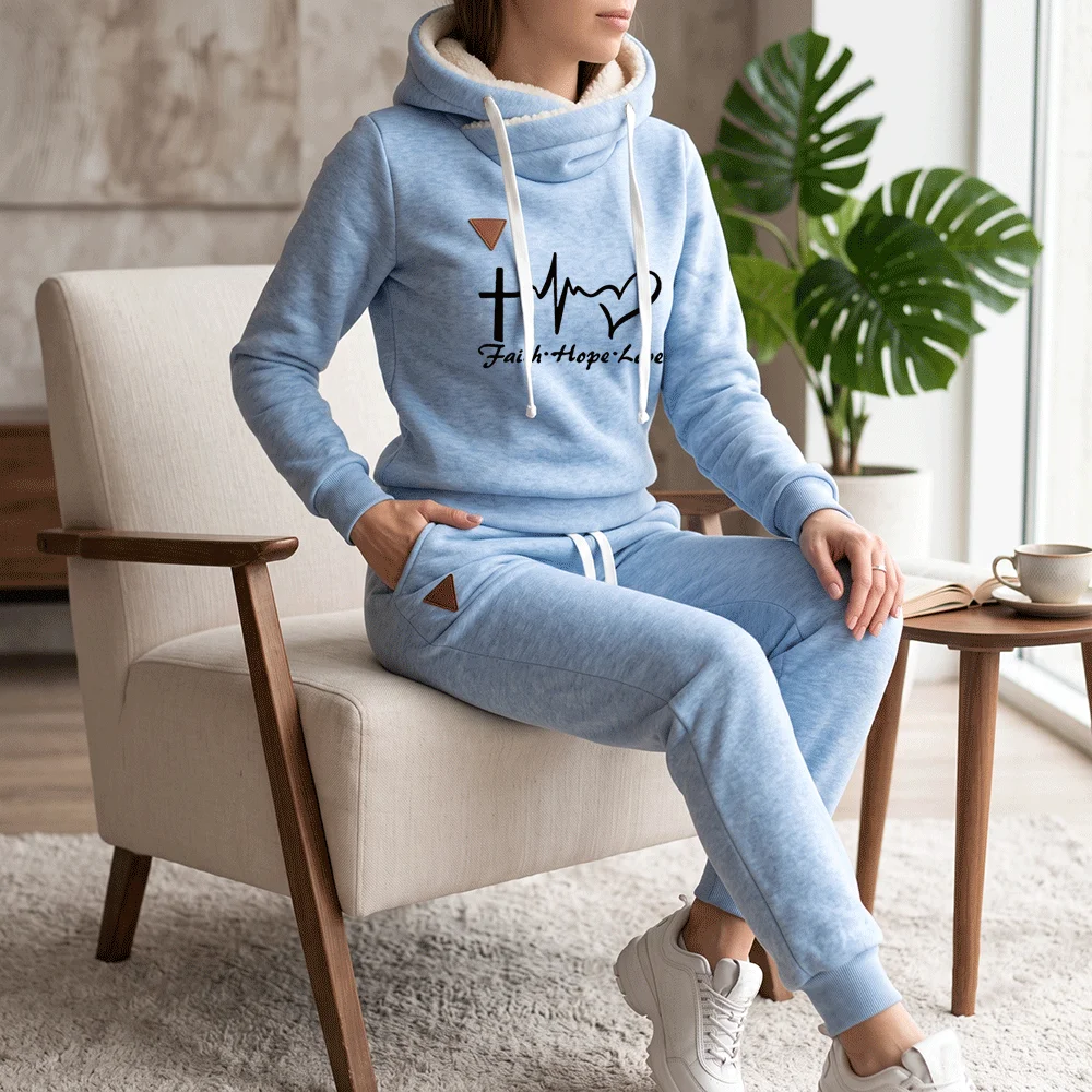 Winter Women Thick Fleece Tracksuit 2 Piece Set Faith Hope Love Print Pullover Hoodie and Sweatpants Sportswear Warm Jogging Sui