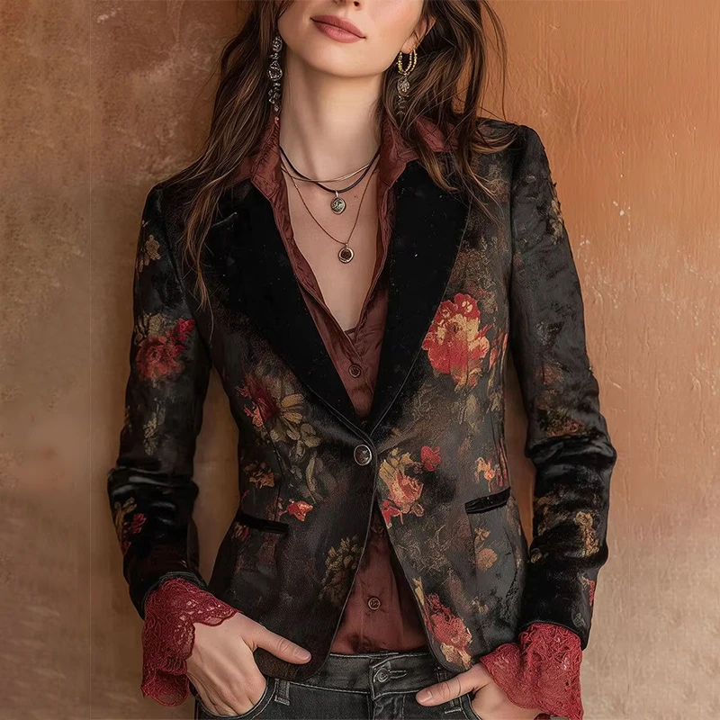 بدلة على الموضة معطف نسائي بقصة ضيقة مطبوع عليه زهور أنيق فاخر معطف بليزر بزر واحد وياقة مدببة ملابس خارجية