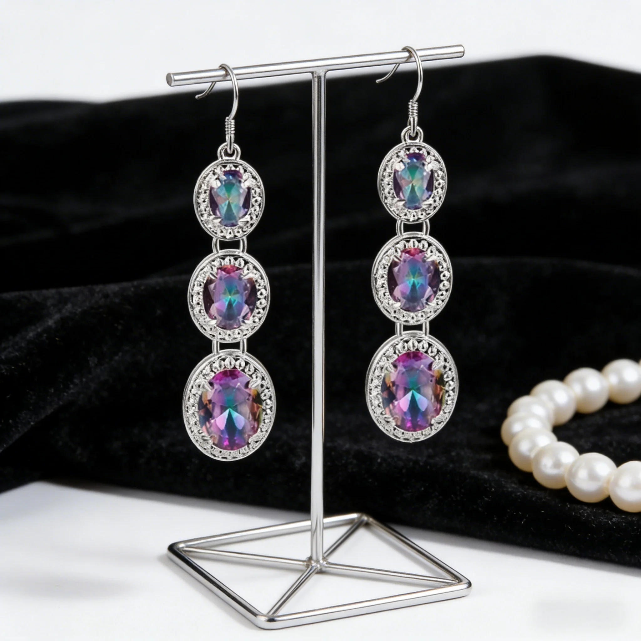 New Natural Rainbow Fire Mysterious Topaz Earrings Solid S925 Silver Jewelry Earrings Female Party Engagement Gift
