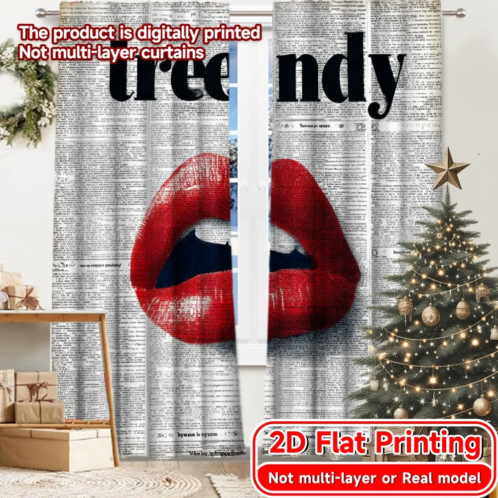 2D FLAT PRINTING 2pcs Curtains (Without Rod) Bold Red Lips Design Modern Fashionable Curtainments during the April Fools is Day