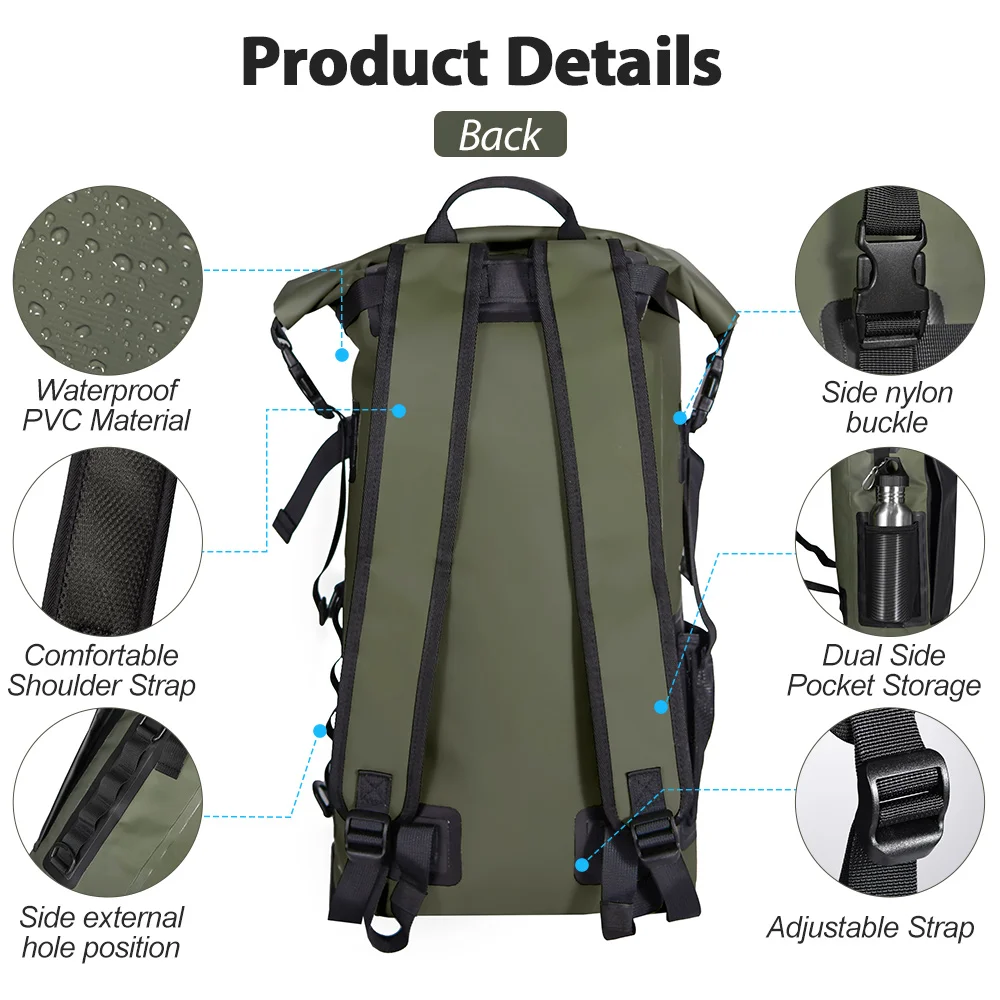 Schwimm-PVC-Packtasche, wasserdichter Rucksack für Damen und Herren, 35L, Schultertasche für Kajak, Trekking, Rafting, Surfen, Bootfahren – Detail 12