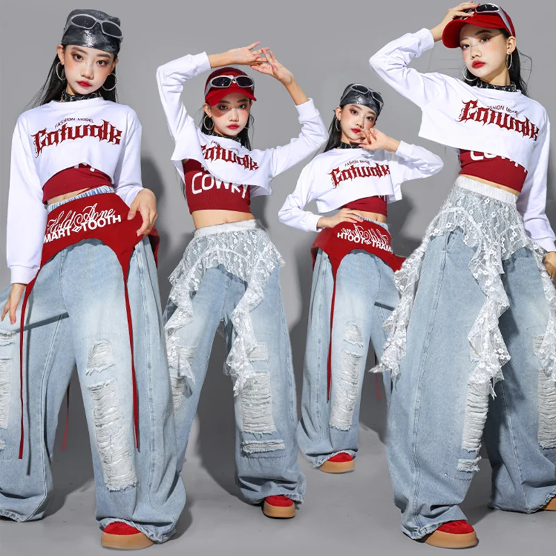 2025 Kinderen Jazzdans Kostuum Kpop Hip Hop Kleding Wit Crop Top Baggy Broek Meisjes Street Dance Show Prestaties Slijtage 2751