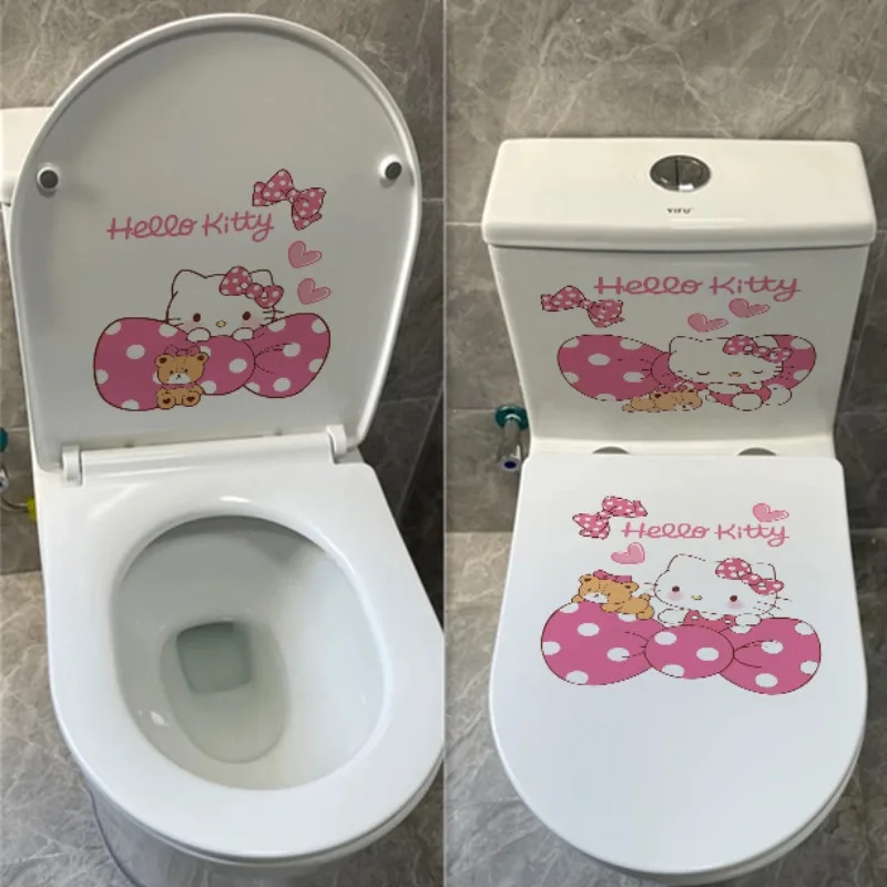 Kawaii sanrio olá kitty 3 peças adesivo de vaso sanitário tampa de vaso sanitário adesivo de parede decoração de vaso sanitário à prova d'água brinquedo artesanal