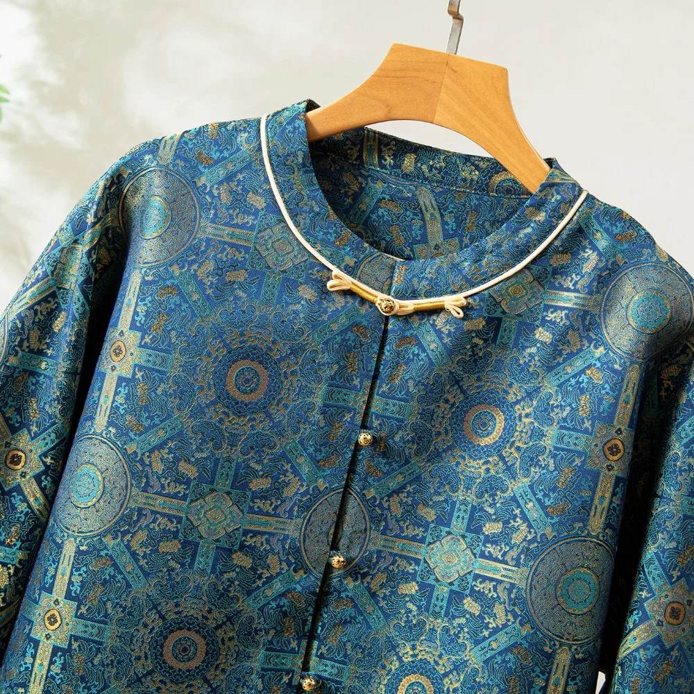 2025 Women's Fashion Clothing Blue Printed Natural Mulberry Silk Song Brocade Round Neck Long Sleeve New Chinese Style Coat