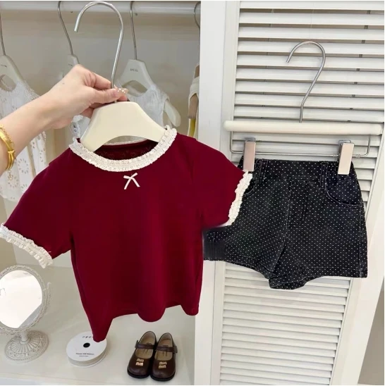 

Girls Suit 2025 Summer New Children's Clothing Korean Style Girl Baby Loose Lace Round Collar Top Polpok Jeans Two Sets