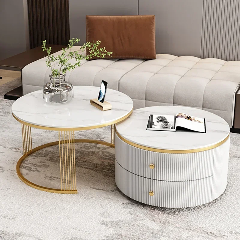 

Gold inlaid metal round coffee table, marble central living room round table, Nordic luxury salon modern furniture