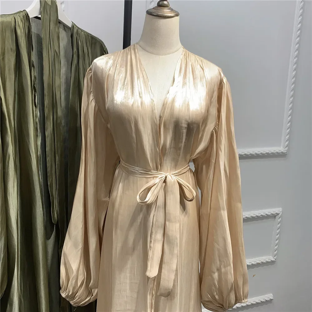Eid Ramadan Abaya Satin femmes ouvert Kimono Cardigan Maxi Robe caftan dubaï musulman manches bouffantes islamique turquie arabe Robe Robe