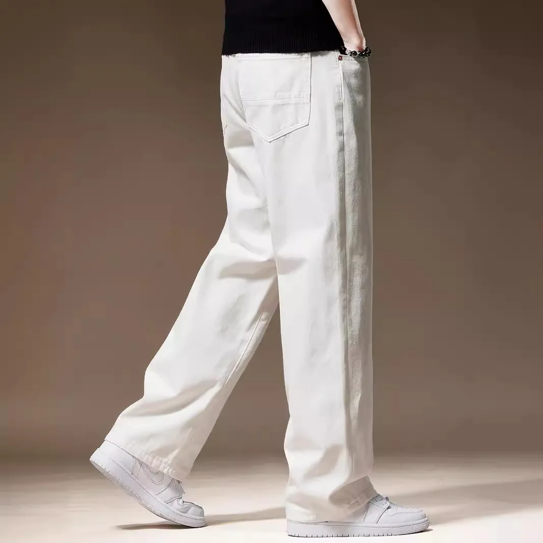 Four Seasons Men Solid Color White Wide Leg Straight Simple Basic Casual Trendy Daily Cotton Jeans Pants Male Denim Trousers
