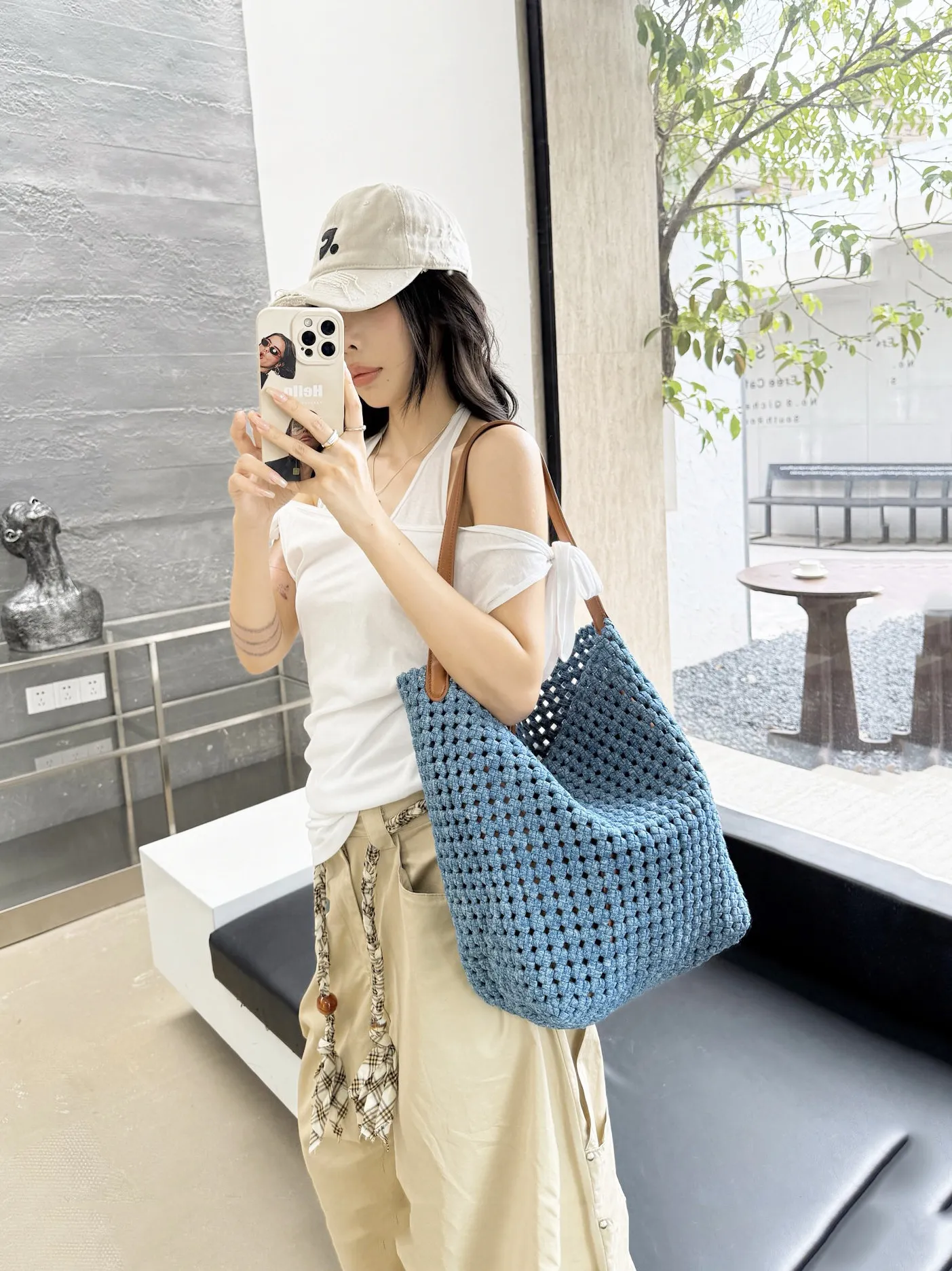 Washed Denim Hollow Woven Bucket Bag Women Large Capacity Versatile Commuter Handbag Single Shoulder Underarm Tote Bag