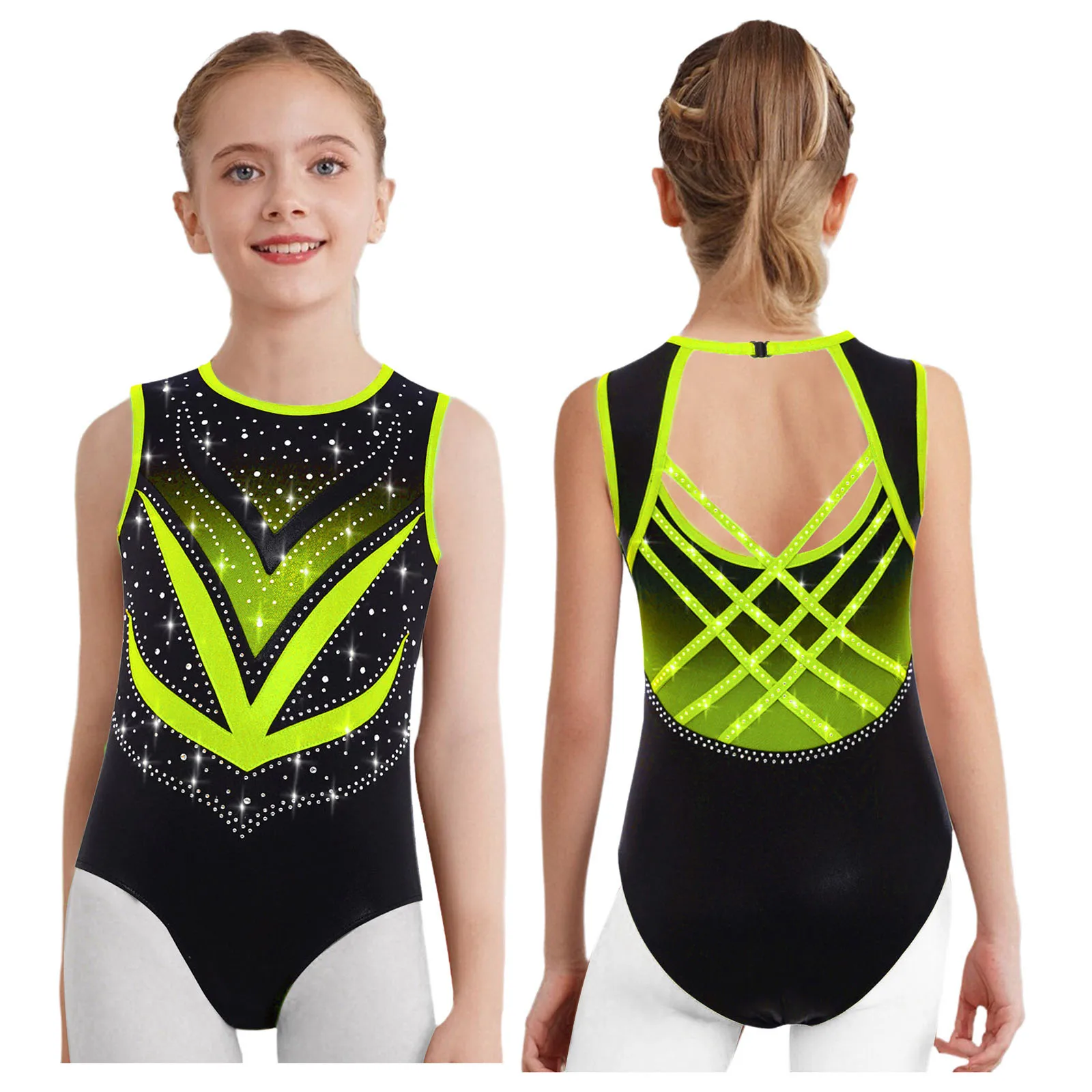 

Kids Girls Ballet Gymnastics Leotard Sports Workout Unitard Sleeveless Crisscross Cutout Back Mesh Rhinestones Dance Bodysuit