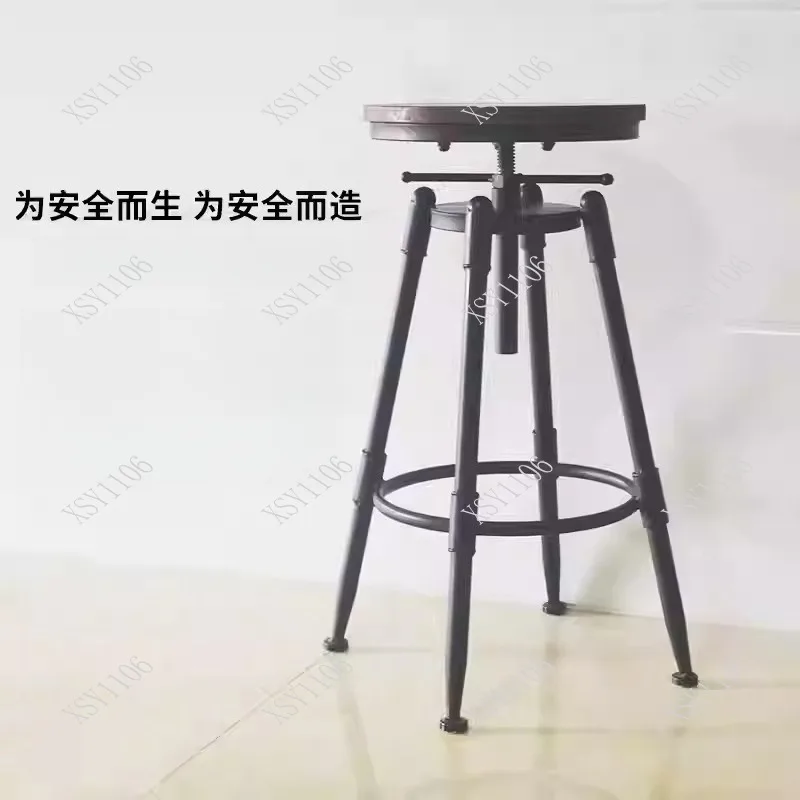 Modern Simple Bar Stool Swivel Lift Chair Solid Wood High Foot Stool with Iron Backrest for Home Use