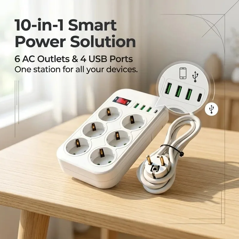 10 in 1 EU Plug Power Strip Master Switch 1500W 2M Cable with 6 AC Outlets 3 USB 1 Type-C for Home Office dorm room power strip