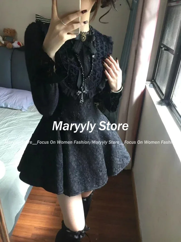 Autumn Winter Gothic Y2k Black Slim Vintage Mini Dress Women Kawaii Party Mini Dresses Female Korean Fashion Elegant Lace Dress