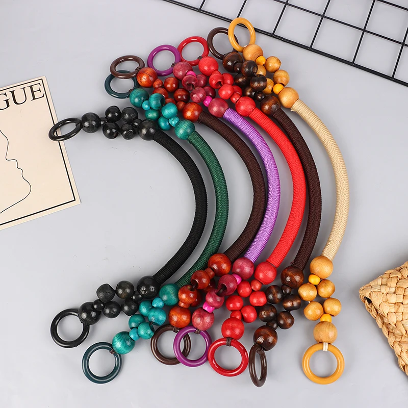 Women Fashion Wooden Bead Rope Bag Strap Wooden Handle Rope Beads Handbag Shoulder Belt DIY Replacement Bag Accessories