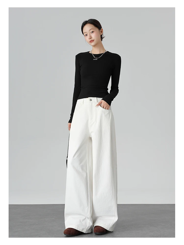 Hochgeschnittene Gerade Hose für Damen, Vintage-Stil mit Klappentasche, Gerade Weite Hose im Koreanischen Stil, Drapierendes Design, Schlankmachende Lange Hose – Detail 10