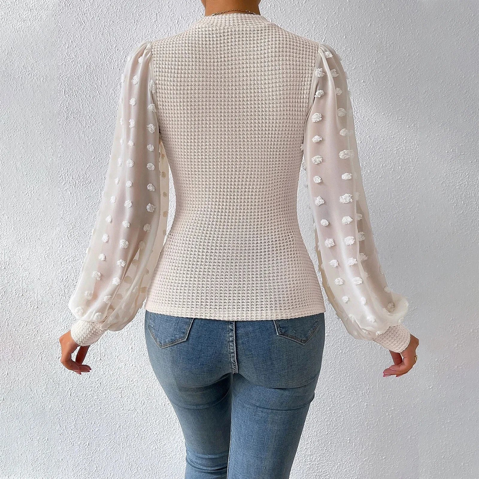 Elegant Knitted Blouse Shirt Women Autumn O Neck Long Sleeve Mesh Puff Sleeve Slim Shirts For Women Autumn Office Tops