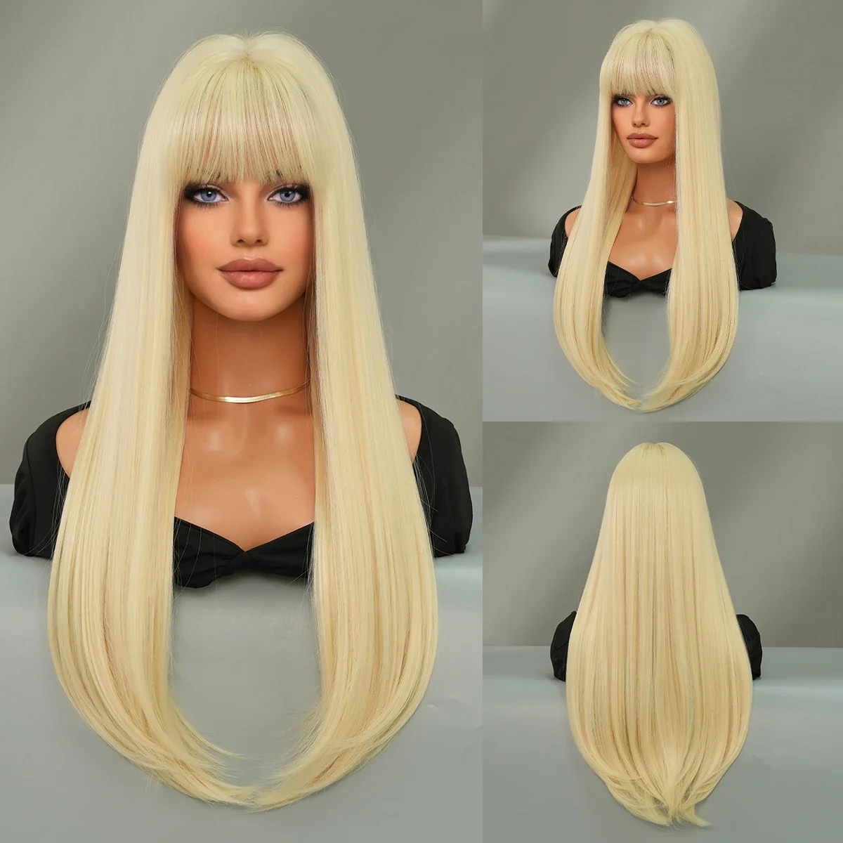 

Long Straight Blonde Omber For Women Daily High Density Synthetic Heat Resistant Hair Neat Bangs Wigs