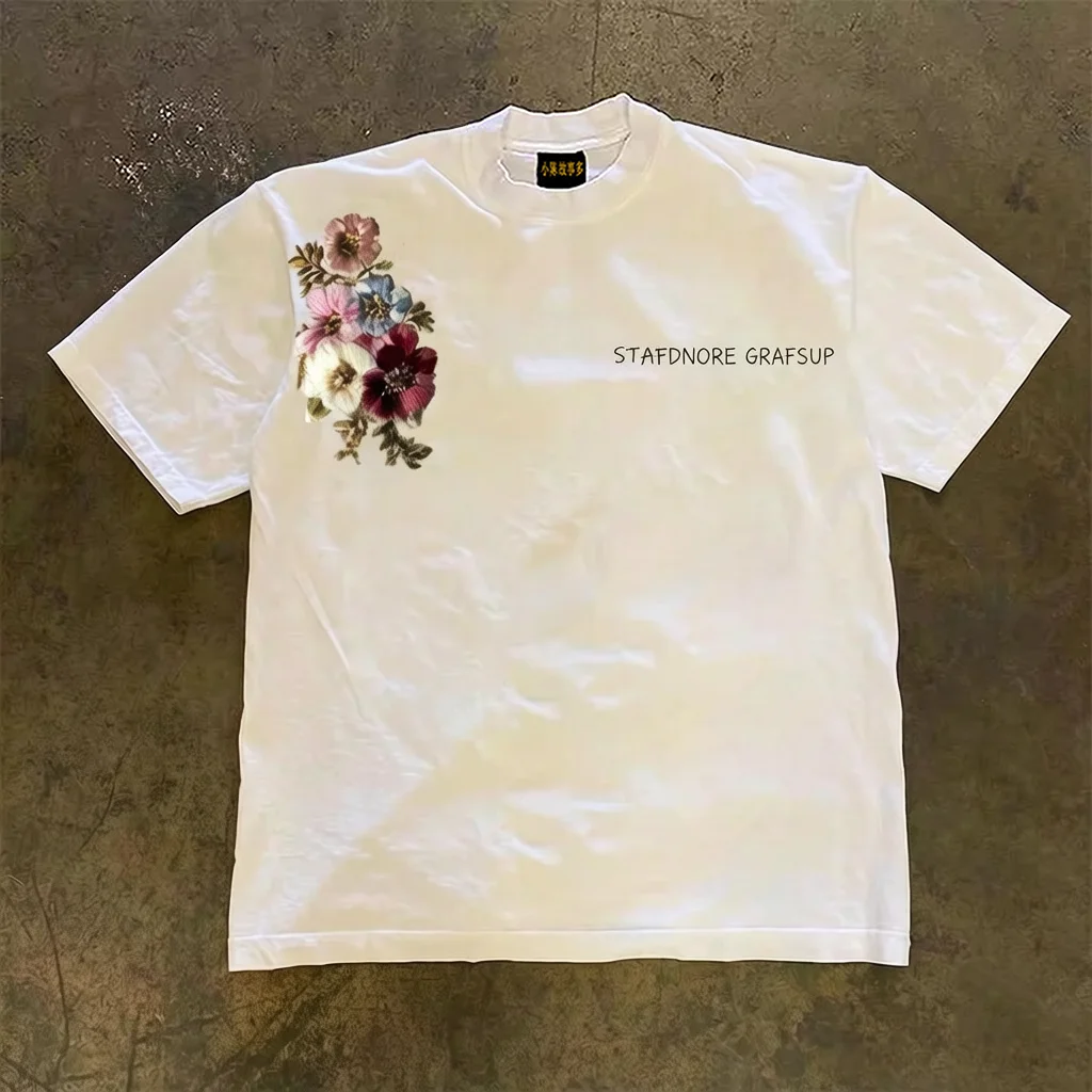 Pure Cotton Short Sleeve T-Shirt Double Thread Loose Fit Unisex Summer Breathable Casual American Retro Style for Couples