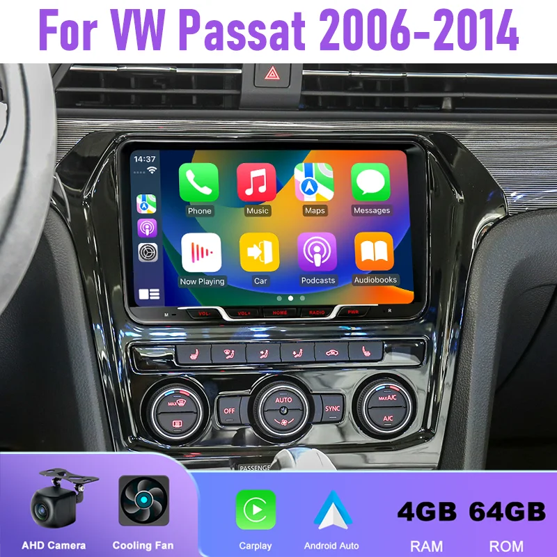 

9" 4+64GB Car Radio For VW Passat 2006-2014 Android 15 Auto Support Wireless Apple Carplay 2DIN GPS Rear Camera Canbus GPS
