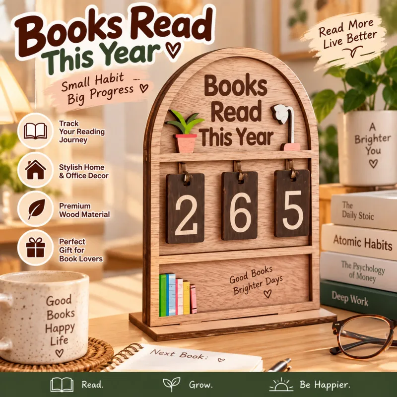 Wooden Books Read This Year Counter Sign Home Office Desk, Decor Reading Tracker Shelf Ornament For Book Lovers Readers Gift New