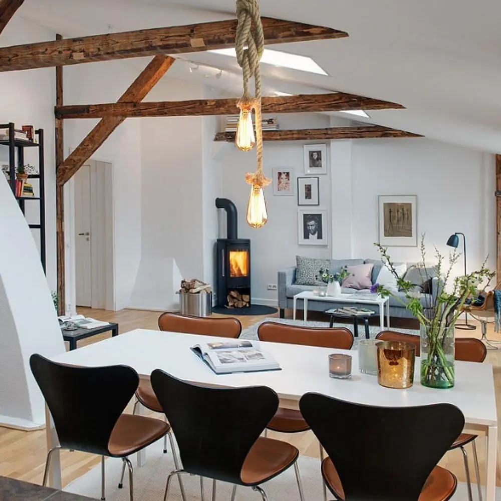 Винтажный подвесной светильник с 2 головками, подвесной светильник из пеньковой веревки, цоколь E27, подвесной светильник для столовой, ресторана, бара, домашнего декора