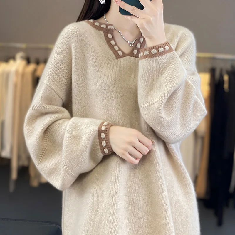 100% Wool, Women\'s Soft Cashmere Sweaters, Cashmere Knitting Pullovers, Long Sleeve, Loose Style, High Quality, HL01, 2023Winter