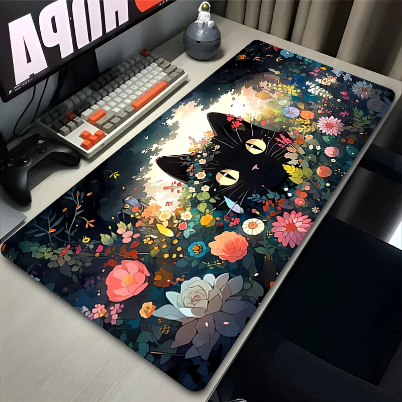 Gaming Mouse Pad Flower Black Cat Desk Mat Gamer Professional Premium Green Plants Mousepad PC Speed Accessories Keyboard Pad