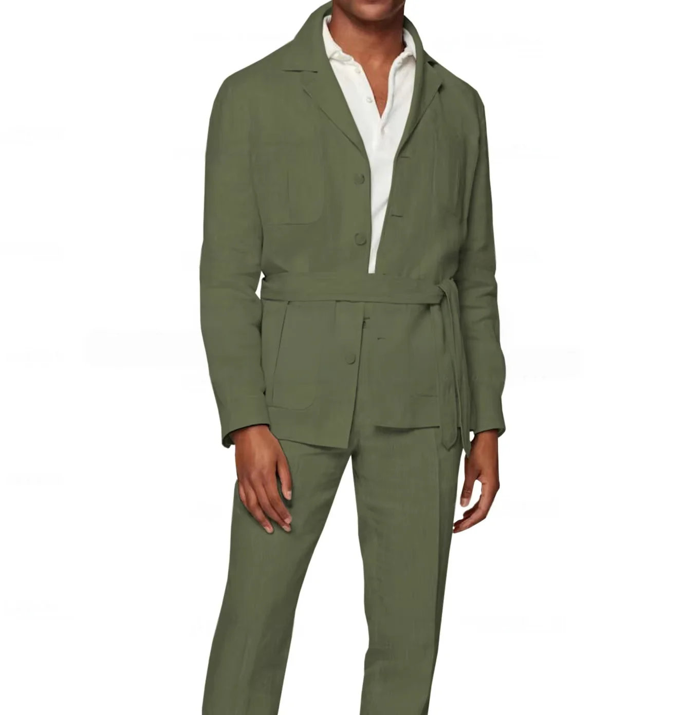 New  2 Pieces Linen Men's Suits With Belt Tuxedo Summer Casual Style Groomsmen For Wedding（Blazer+Pants）